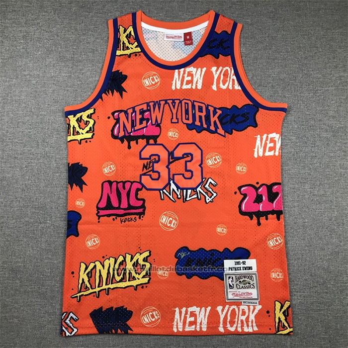 Maillot New York Knicks Patrick Ewing #33 Slap Sticker Mitchell & Ness 1991-92 Orange